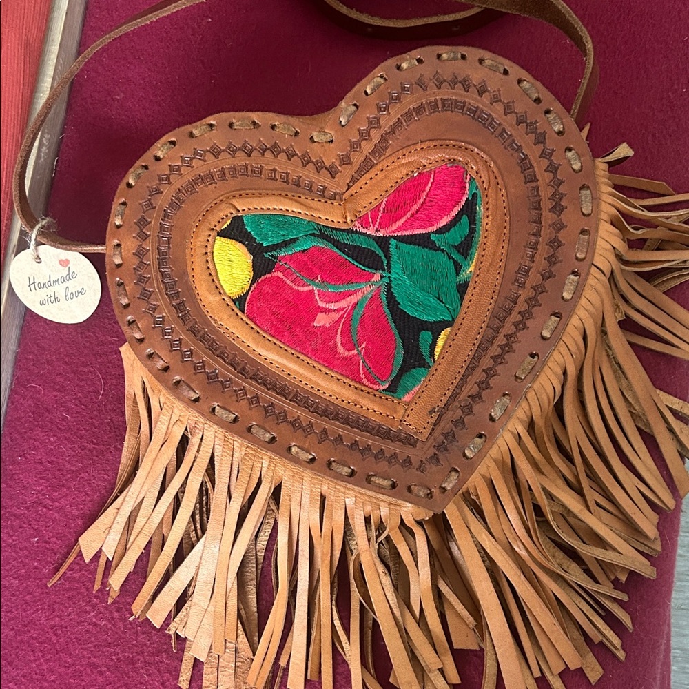 Mexican Handmade Heart-Shaped Fringe Bag - Brown and Multicolor